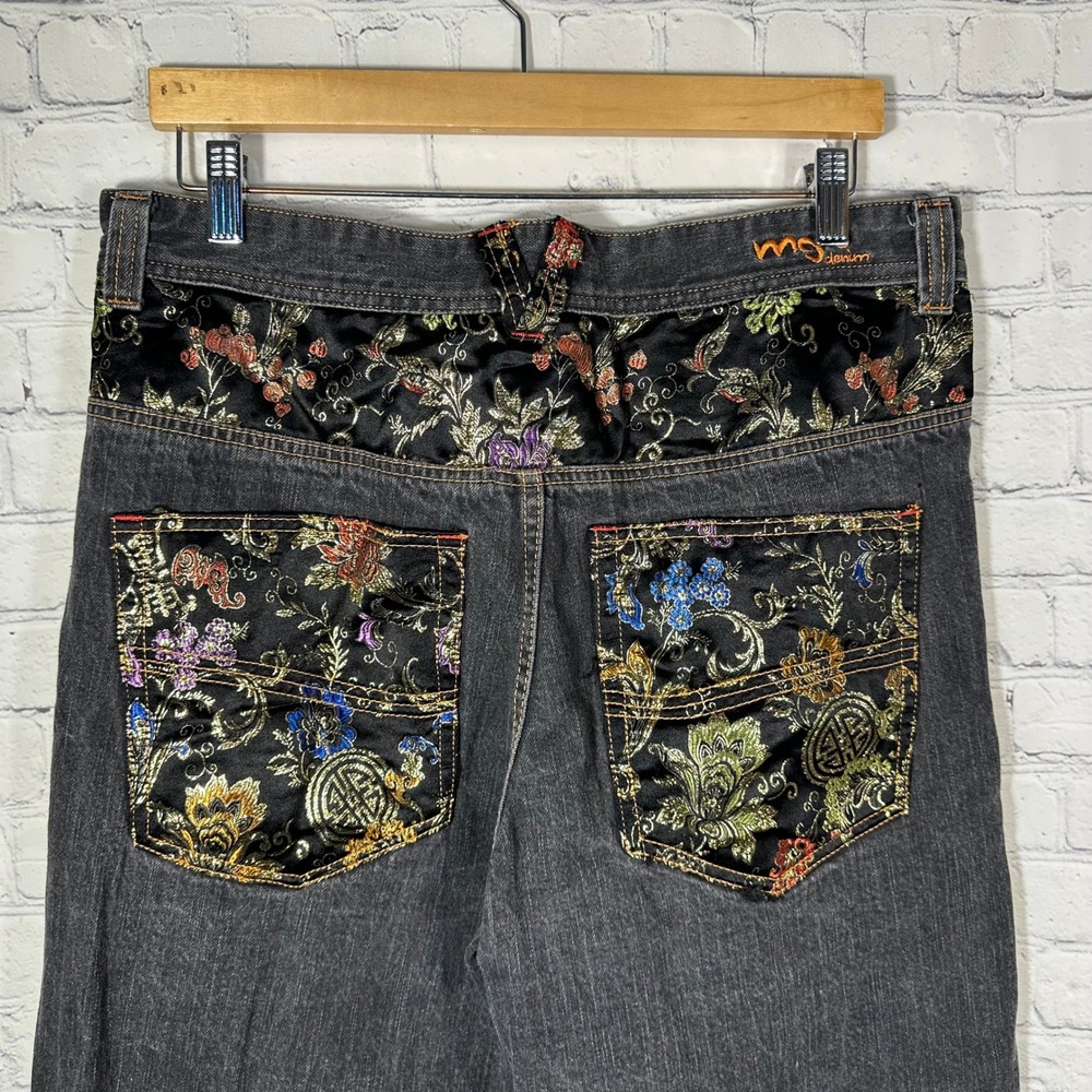 MGJ Denim Mens Black Wash Jeans 34‎ Floral Brocade Wide Leg